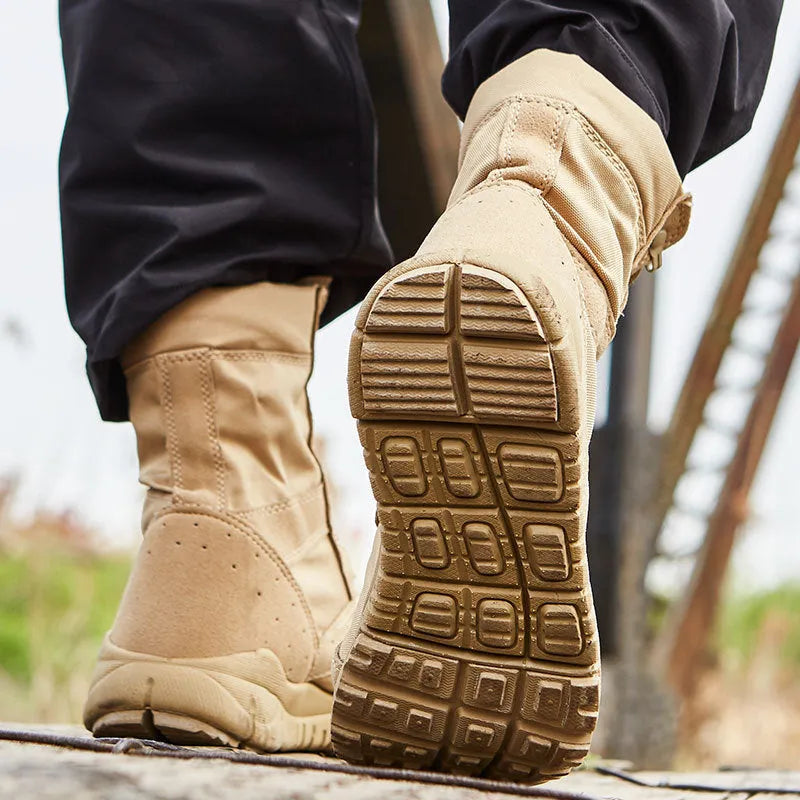 Yulong tactical desert combat boots in black and sand colours for outdoor climbing and hiking