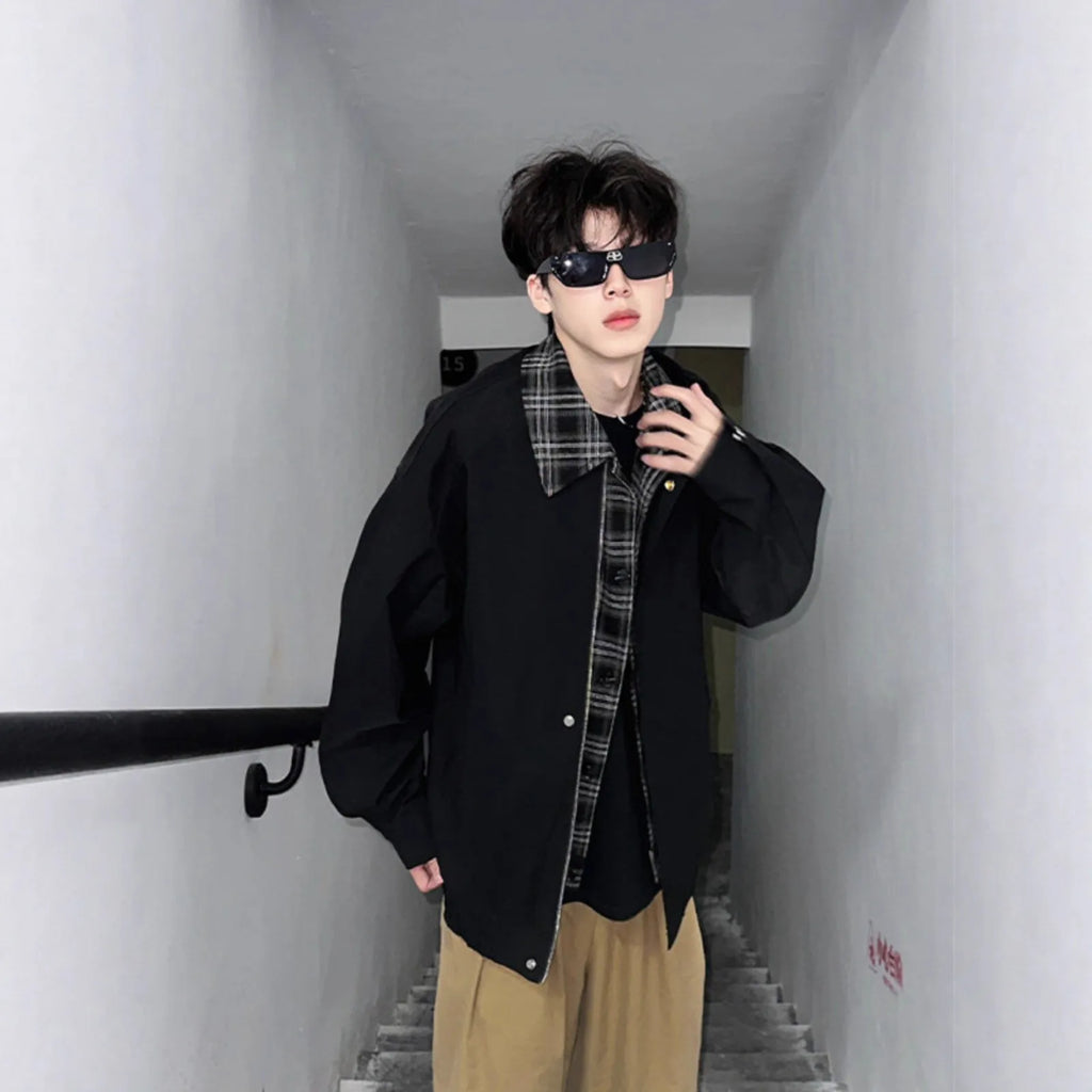 Men's fake two-piece jacket in black or brown, loose fit, long sleeves, side seam pockets, polyester