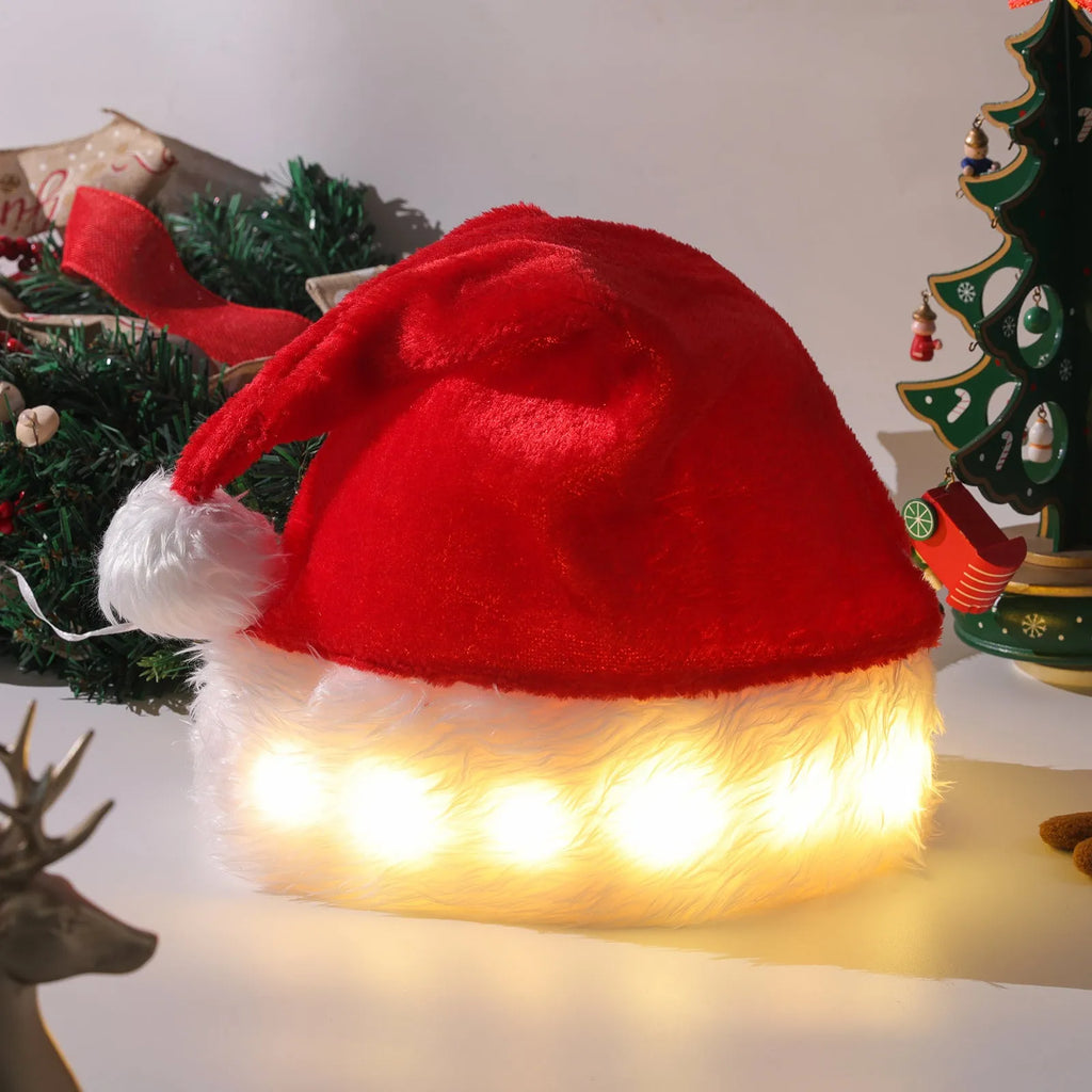 Red and white plush Santa Christmas hat with LED lights glowing, showing pom-pom and stretchy spandex material.