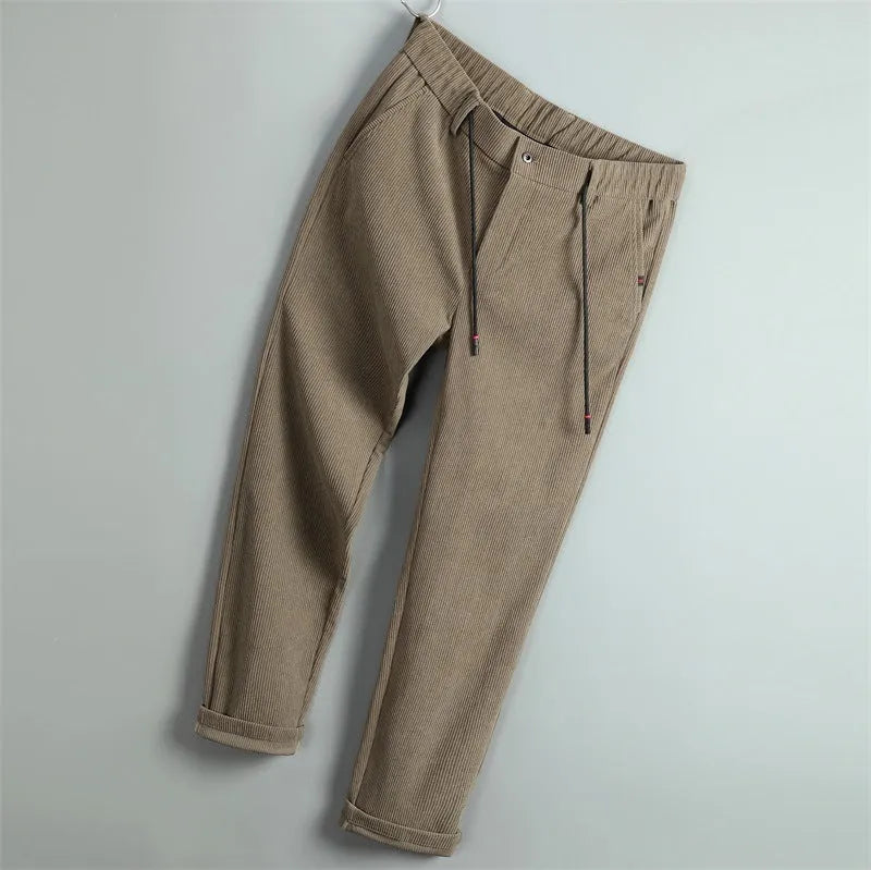 Men's striped casual trousers in black, dark blue, gray, dark khaki, or apricot, made of polyester, sizes 29-40.