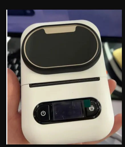 Handheld wireless Bluetooth portable thermal printer in white with 203 dpi resolution and compact 84x130x61mm size