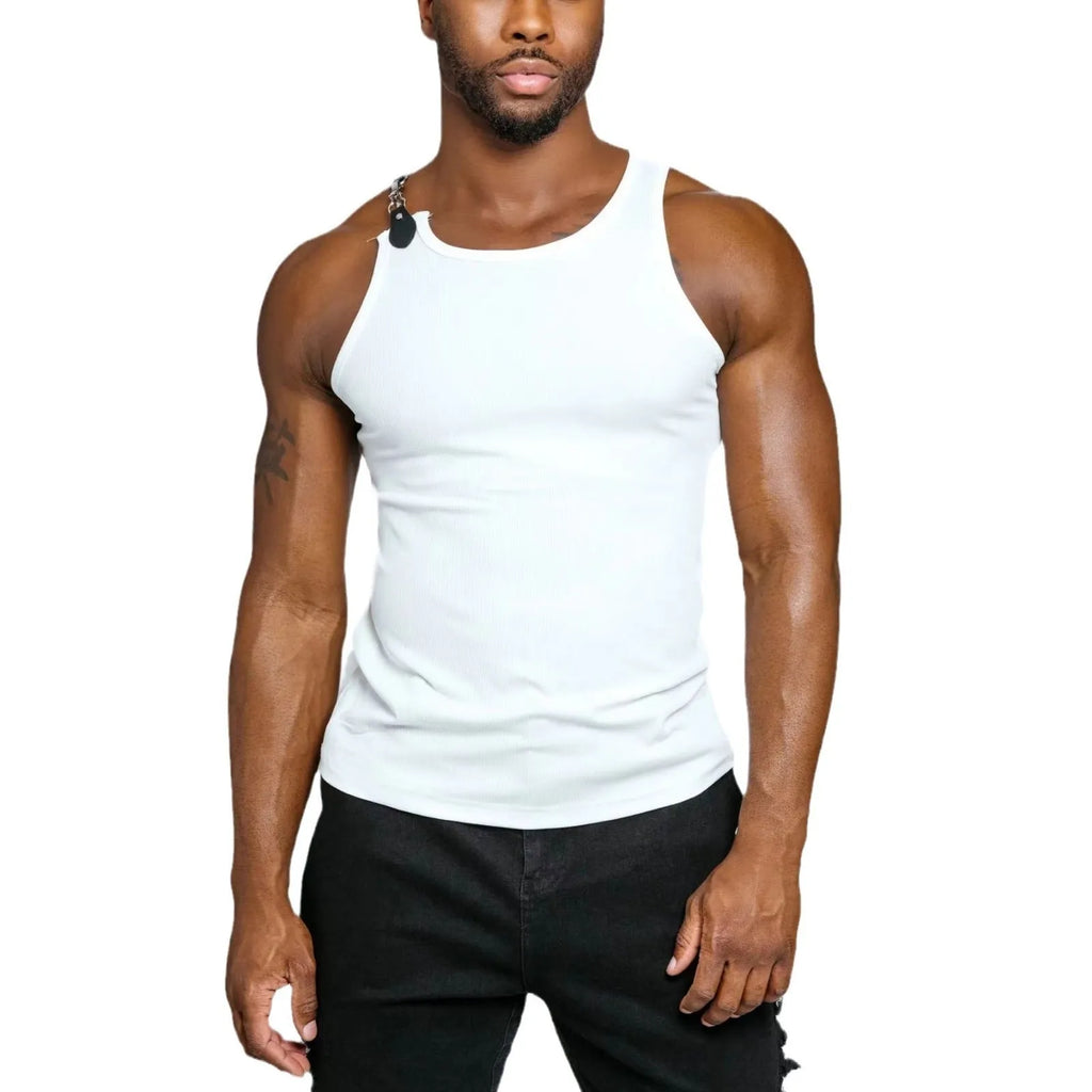A man's tight-fitting sleeveless vest in solid black or white cotton blend fabric.