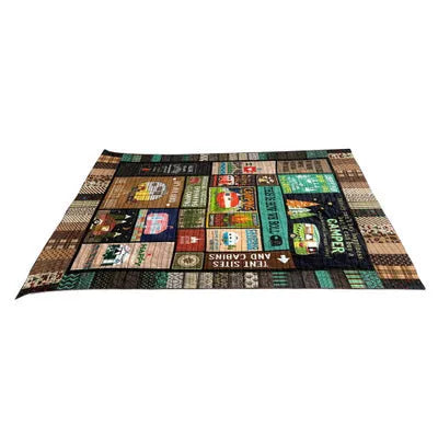 Soft hypoallergenic outdoor camping blanket in 100% polyester with lamb cashmere texture, available in multiple sizes.