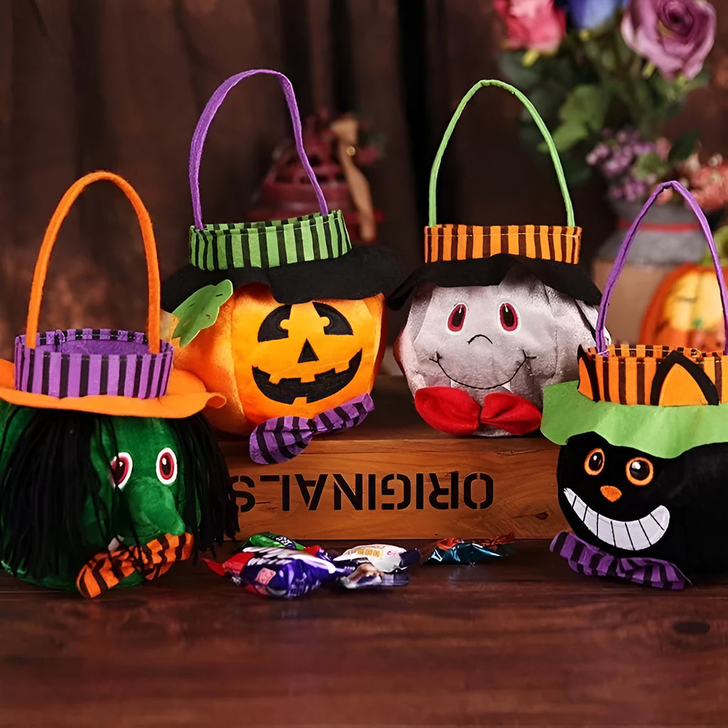 Halloween candy bag with pumpkin pattern, 16cm square size with handle for trick-or-treating