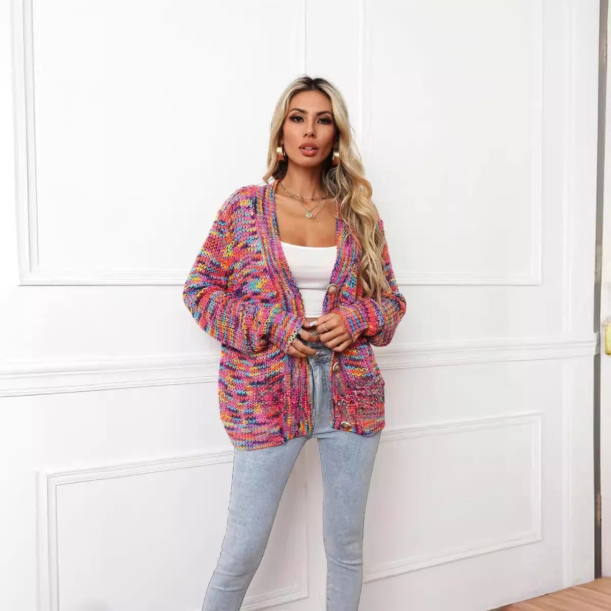 Rose red rainbow striped women's cardigan coat with loose fit and regular sleeves