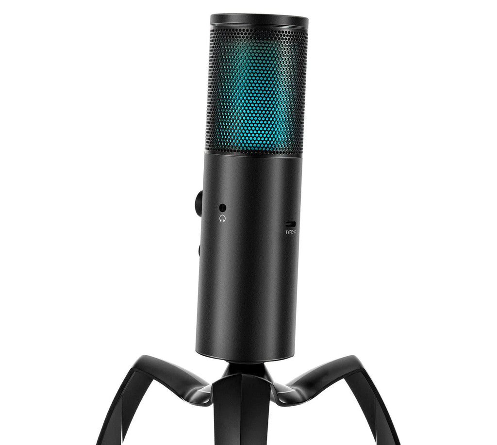 Black Q18 USB condenser microphone with RGB light on adjustable tripod stand.