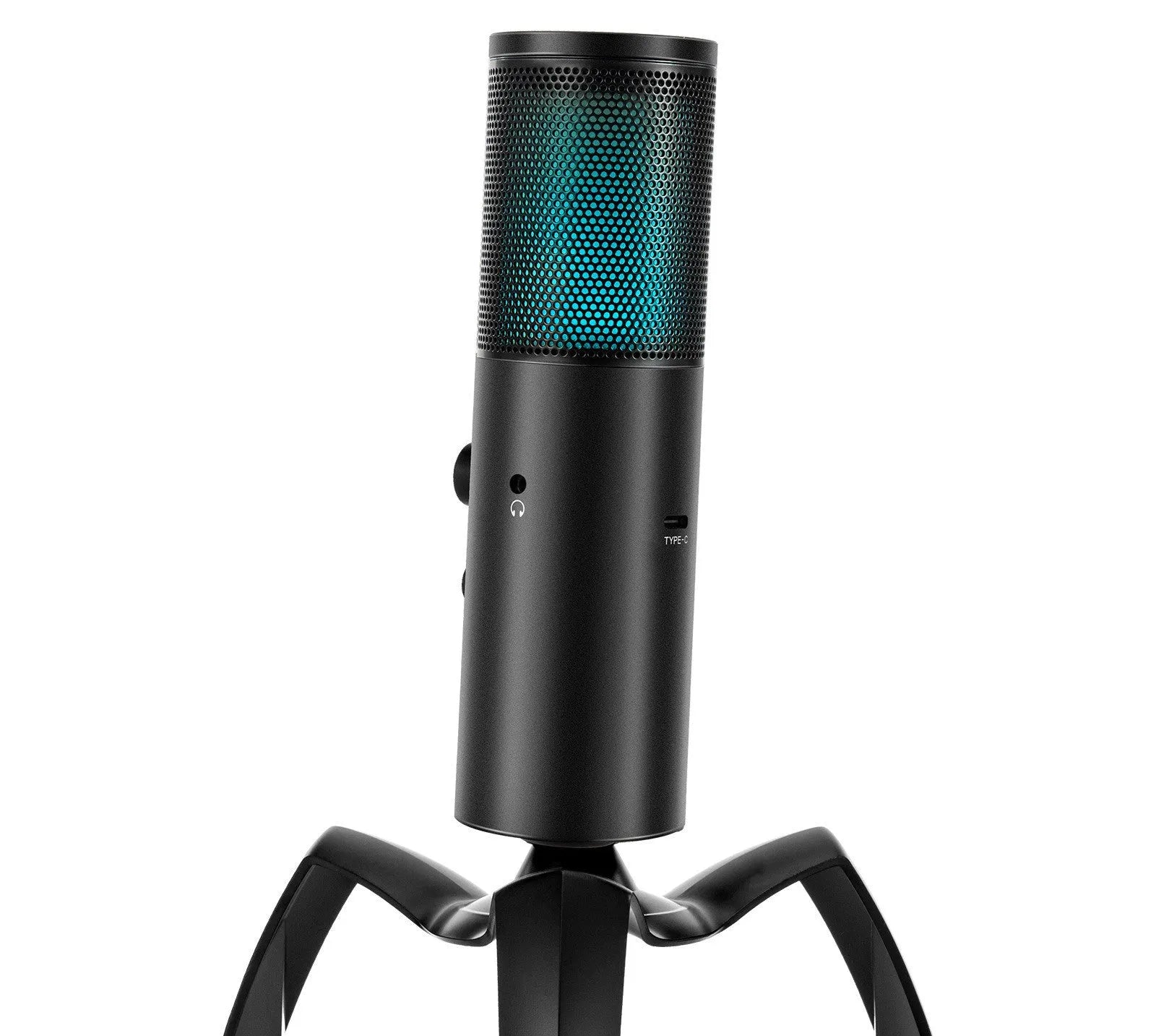 Black Q18 USB condenser microphone with RGB light on adjustable tripod stand.
