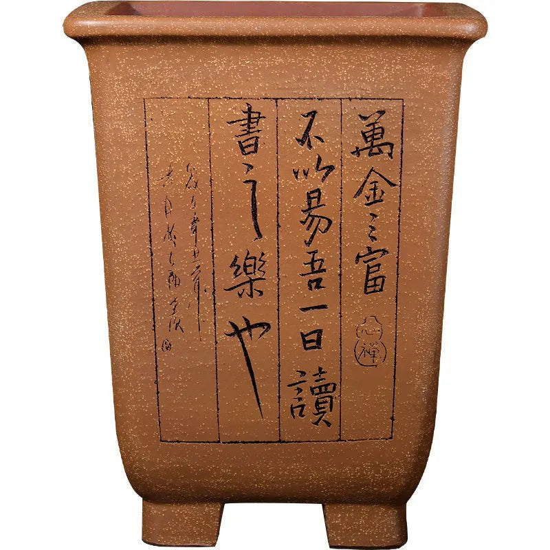 Square purple sand ceramic flower pot with hand-carved detailing for clivia and orchids