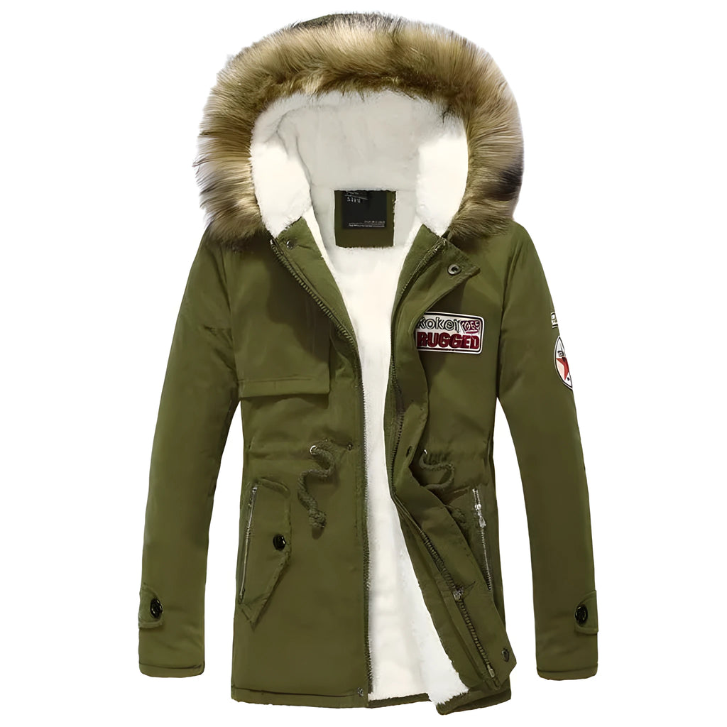 Men's army green winter padded parka with long fur collar and hood, fleece lined, front view