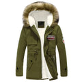 Men's army green winter padded parka with long fur collar and hood, fleece lined, front view