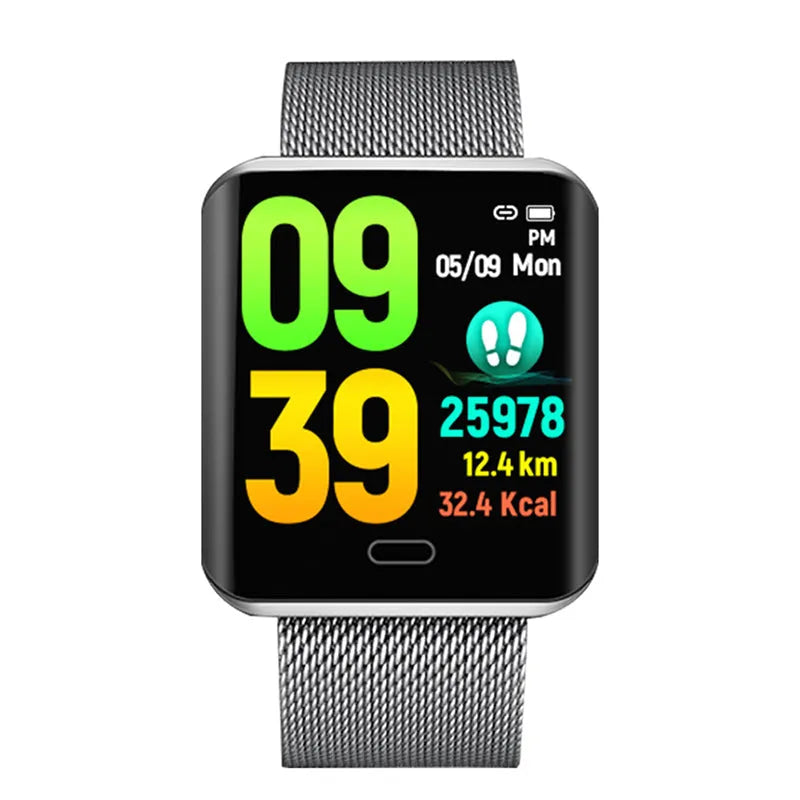 B8 smart bracelet in black alloy case with silicone band showing LED display