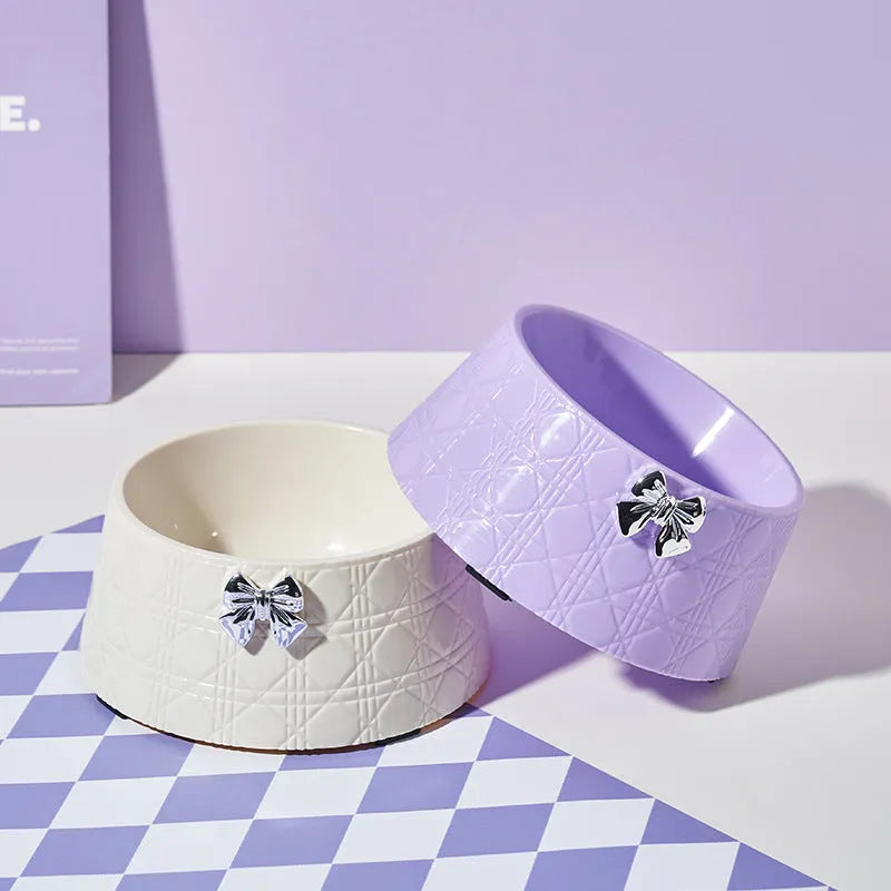 Diamond pattern pet feeding bowl with bowknot decoration in multiple colour options for dogs and cats