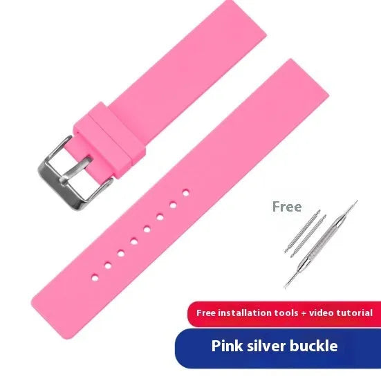 Silicone watch strap in black with silver buckle available in 12mm to 24mm widths