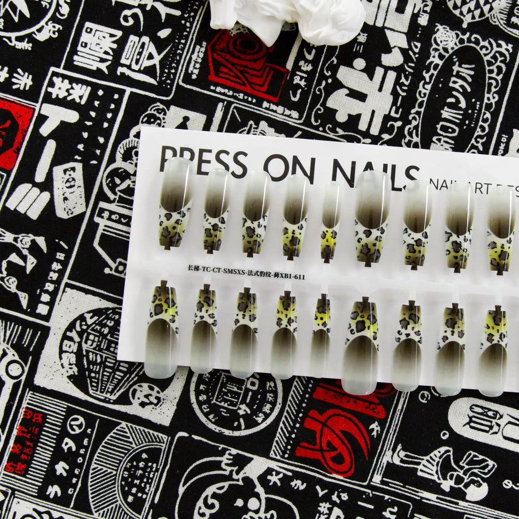 French leopard print long ladder nail stickers in brown, charm, and moss colourways, 40 piece set