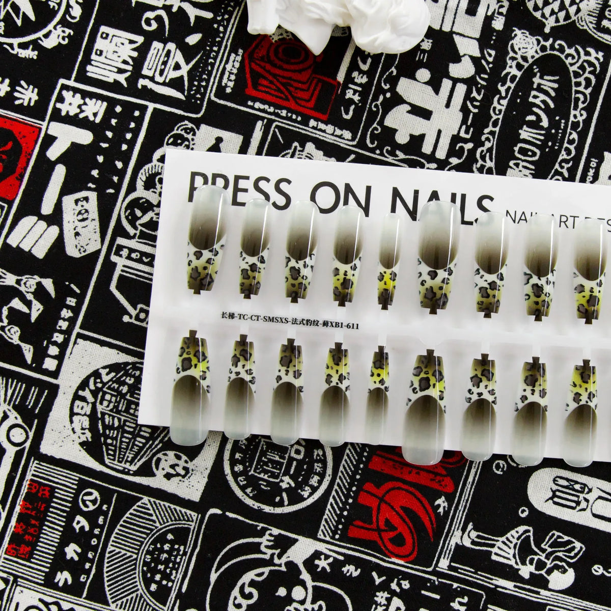 French leopard print long ladder nail stickers in brown, charm, and moss colourways, 40 piece set