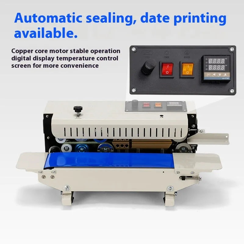 Mini benchtop heat sealing machine with steel jaw and integrated date print function on a work surface.