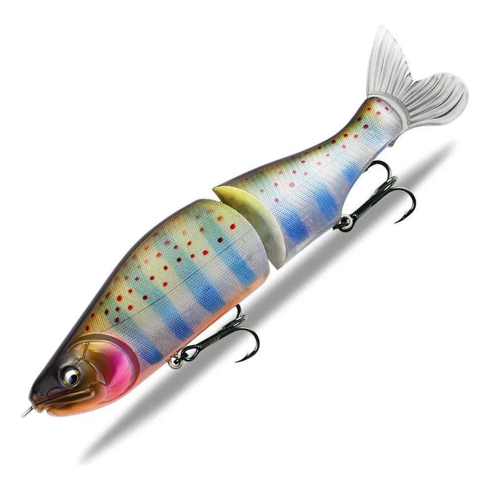 Hard plastic fishing swim bait lure measuring 185mm in length in one of fifteen available colours.