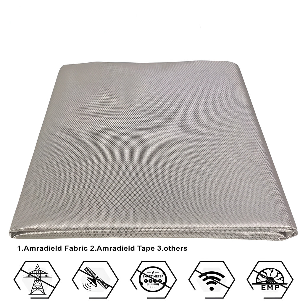Grey diamond lattice pattern signal shielding fabric with copper and nickel weave.
