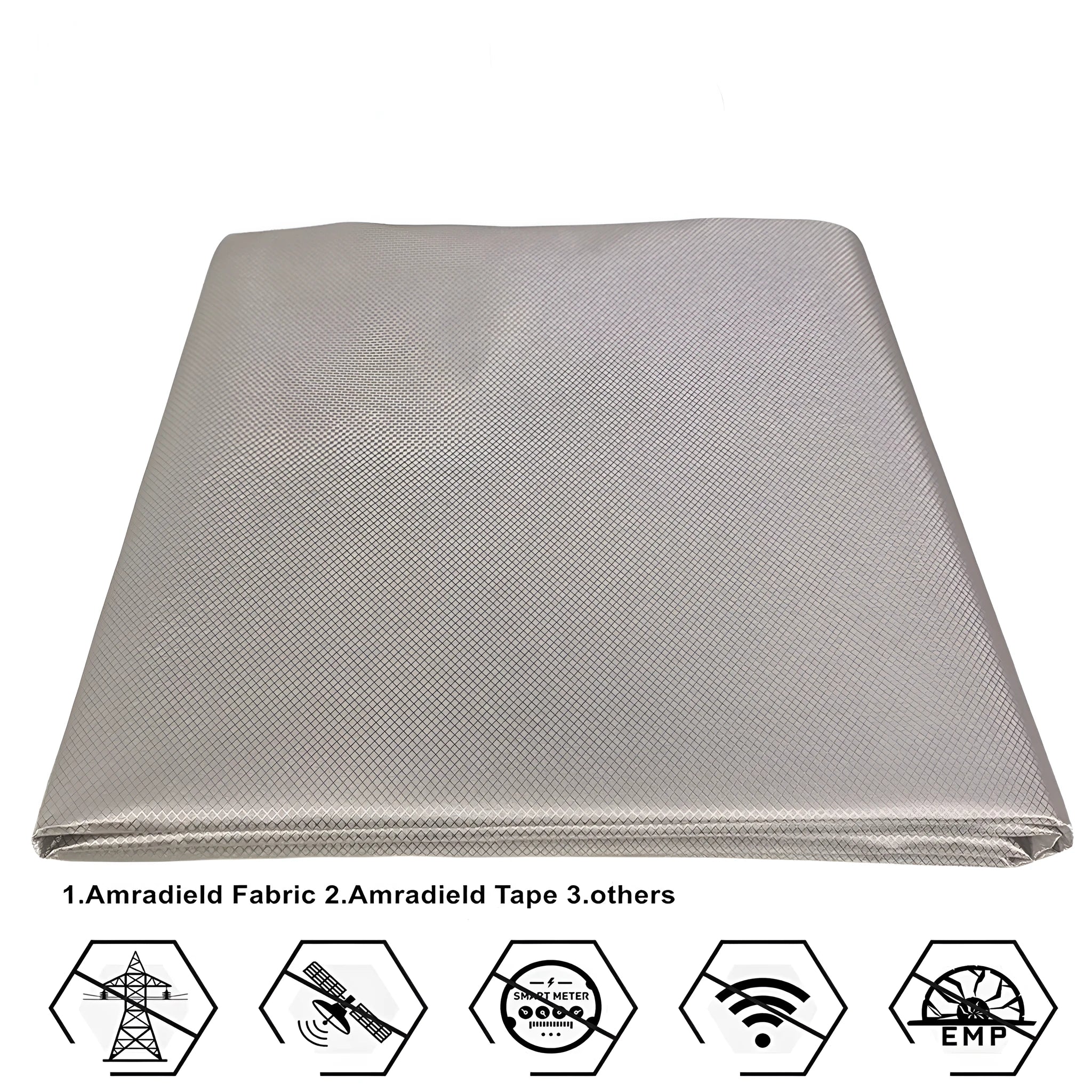 Grey diamond lattice pattern signal shielding fabric with copper and nickel weave.