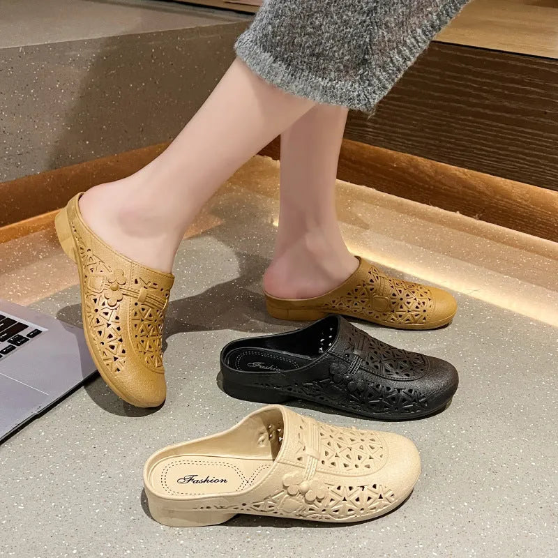 PVC flat toe box slippers with hollow-out pattern in apricot colour
