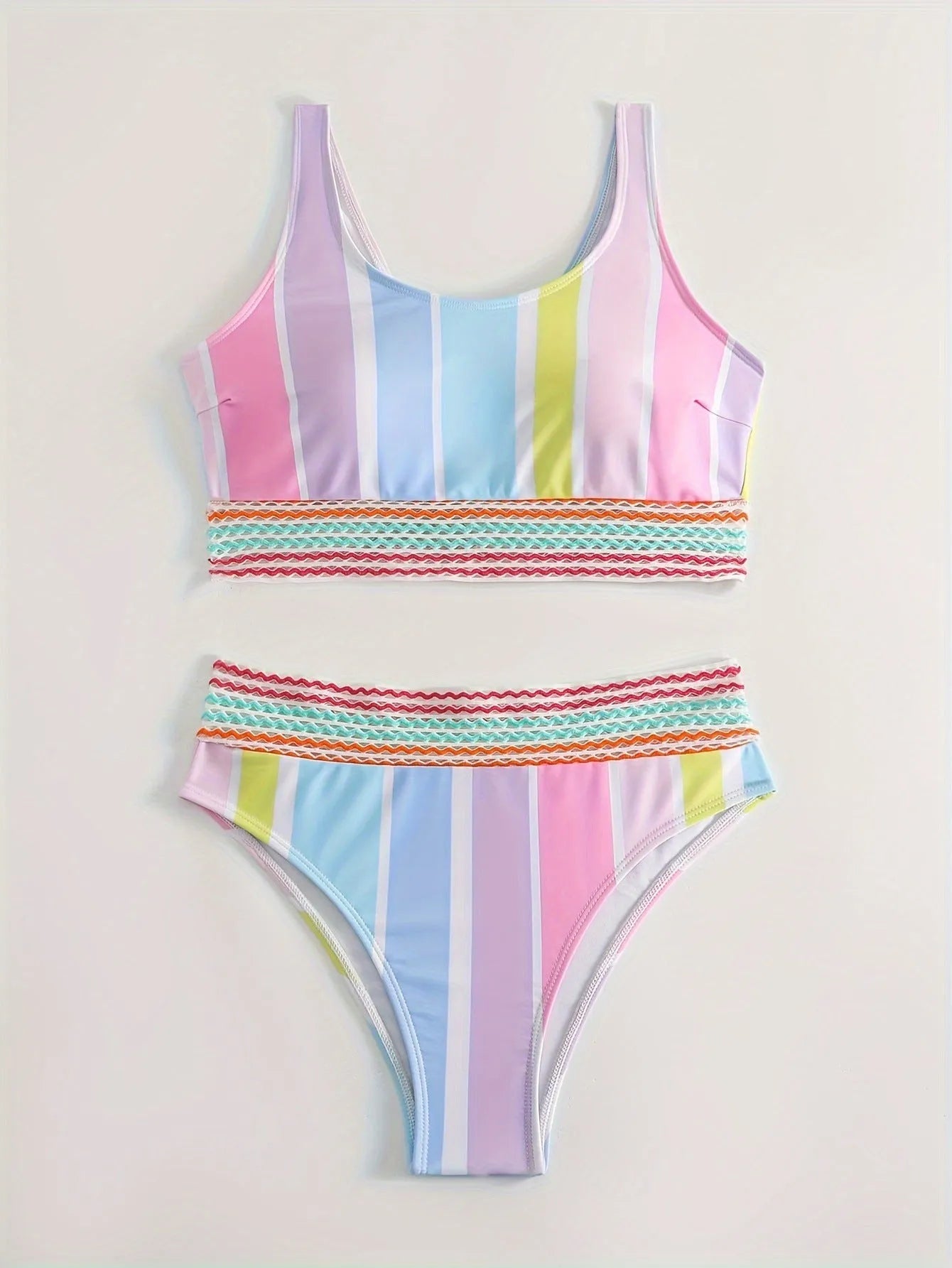 Women's striped two-piece bikini set in briefs style, shown in picture colour, for swimming and sports.