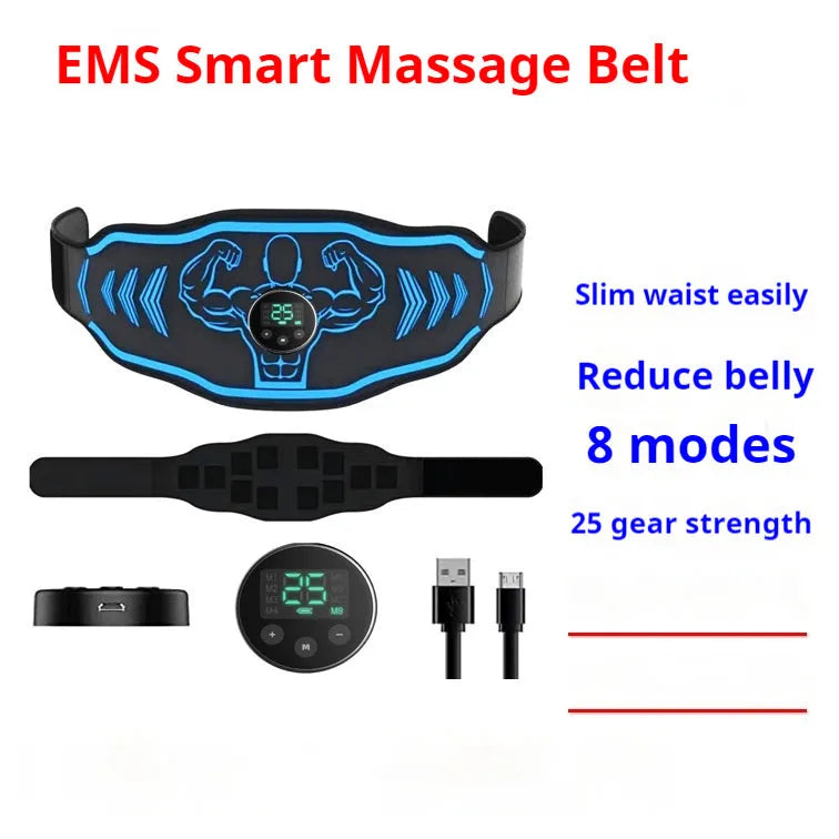 Blue and orange rechargeable EMS fitness massage belts with host units and arm stickers.