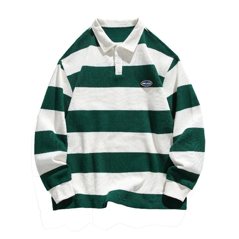 Hong Kong style striped lapel polo shirt in loose fit, shown in coffee colour