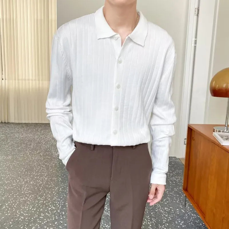 Men's casual loose lapel chenille cardigan sweater in gray, cotton blend, shown on model, front view