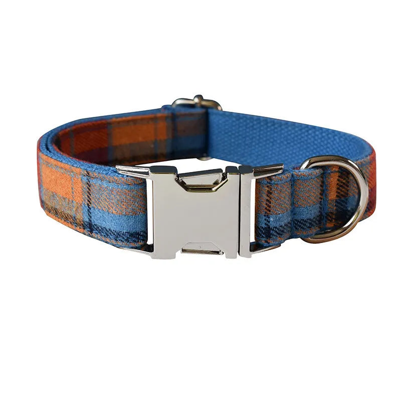 Blue velvet plaid pattern dog collar with metal alloy buckle in multiple sizes