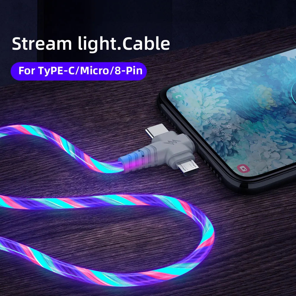 Luminous three-in-one fast charging cable with aluminium alloy connectors for USB C and Micro USB devices.