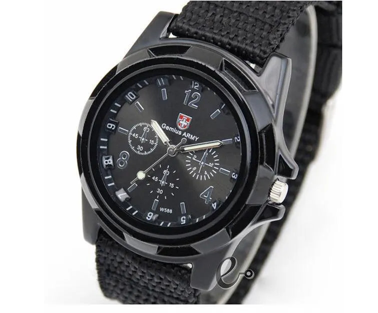 Cloth belt woven military quartz watch with 40.5mm round alloy case and textile strap, available in multiple colours