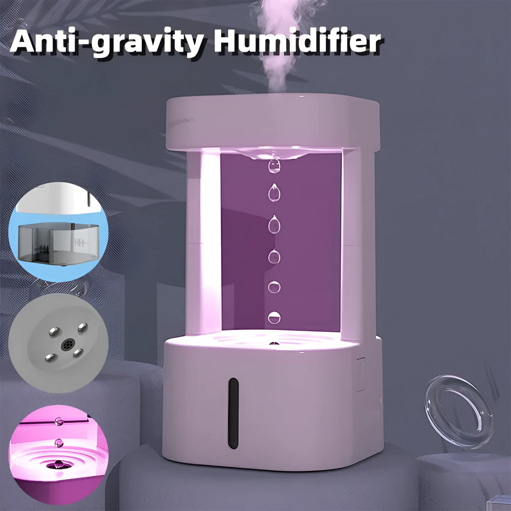 White anti-gravity water drop humidifier with coloured light on a desk next to USB cable