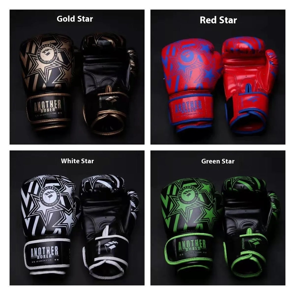 Gold children's Sanda boxing gloves with star design, showing vertical style and PU construction.