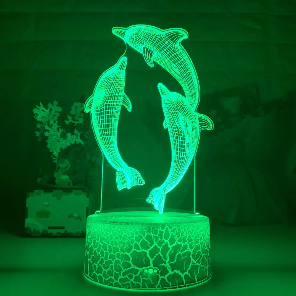 3D dolphin LED night light with acrylic board and ABS base, black or crackle, touch and remote control, USB powered.