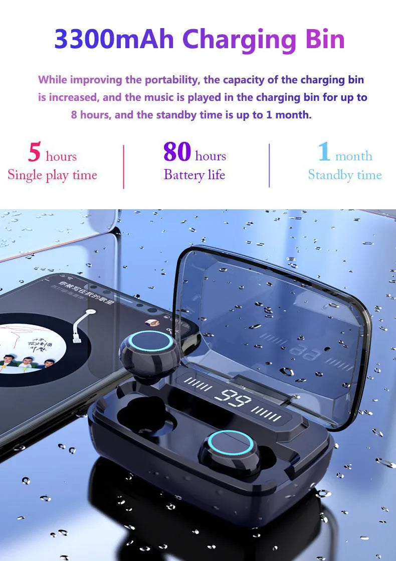 Black M11 wireless Bluetooth headset with charging case featuring a digital display.