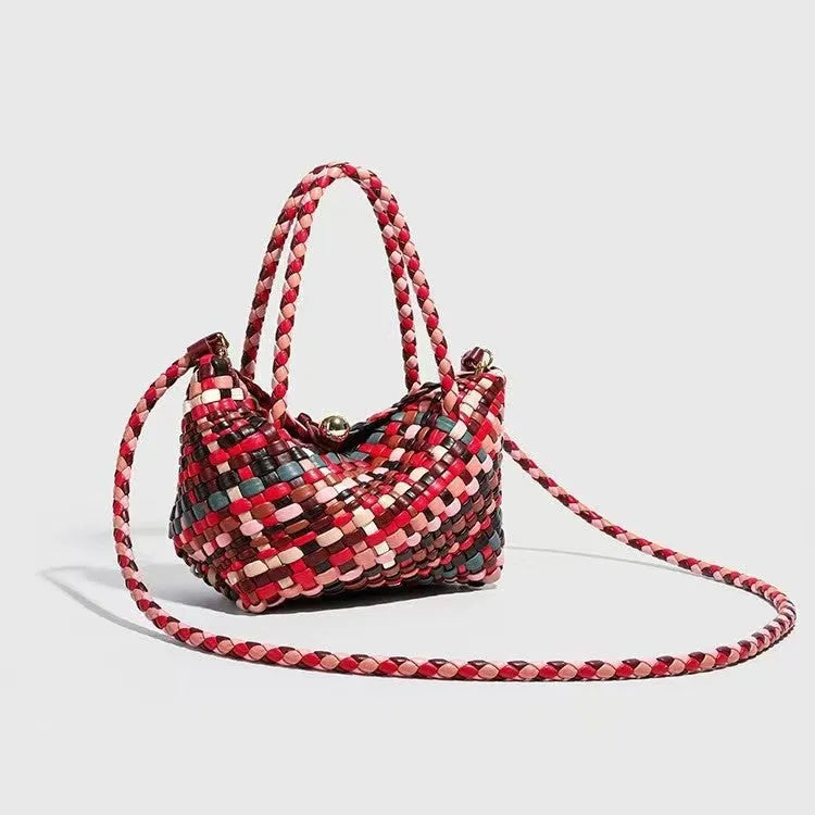 Women's woven PU shoulder bag with handmade design measuring 18x11x14cm