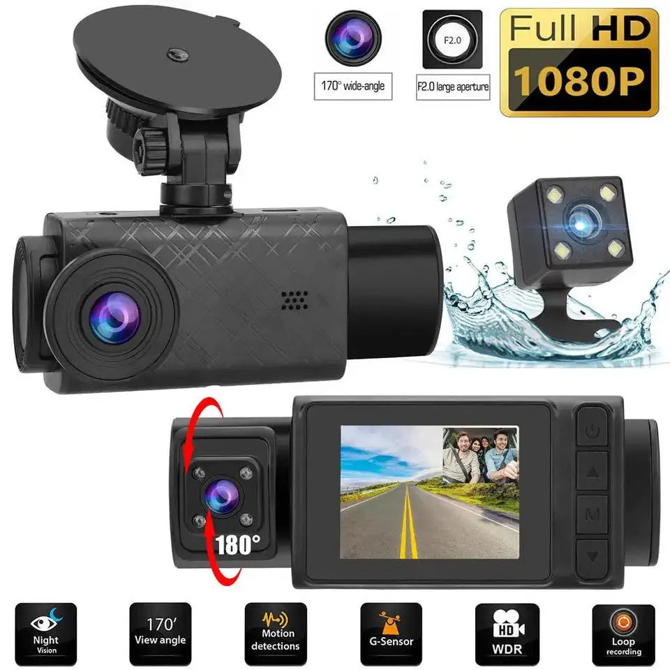 Black dashcam with 2 inch touch screen mounted on car dashboard showing 1080P recording display