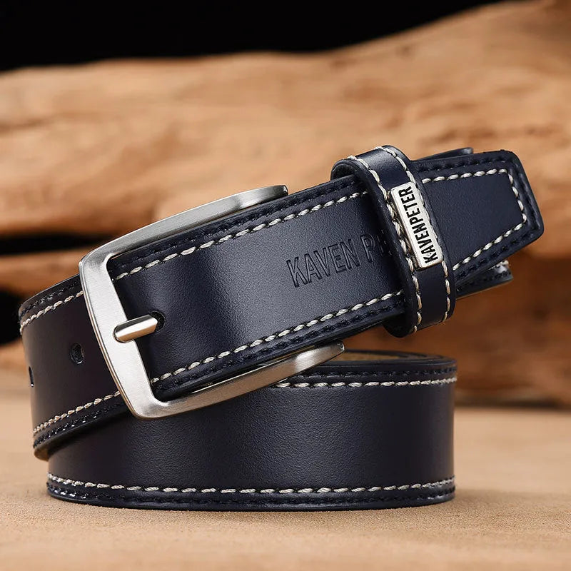 Men's genuine cowhide leather belt with alloy pin buckle in black colour
