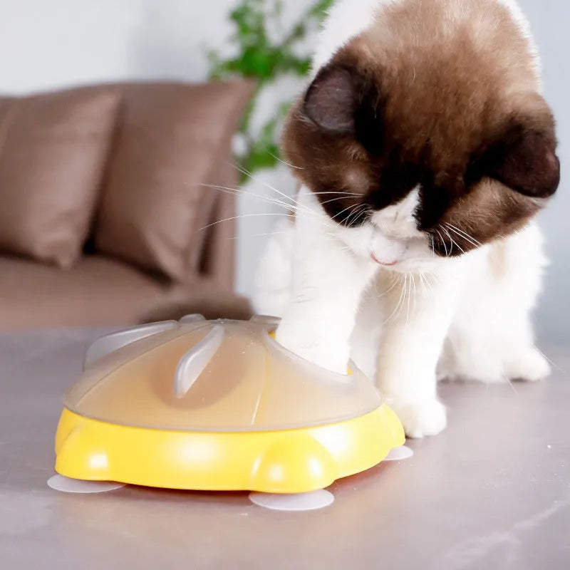 Yellow plastic cat entertainment plate with snack storage compartments and dispensing channels