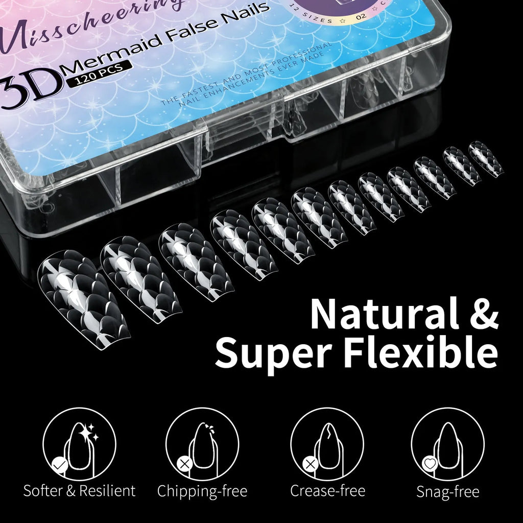 Box of 3D scale long shaping full cover nail tips showing colour-coded size options.