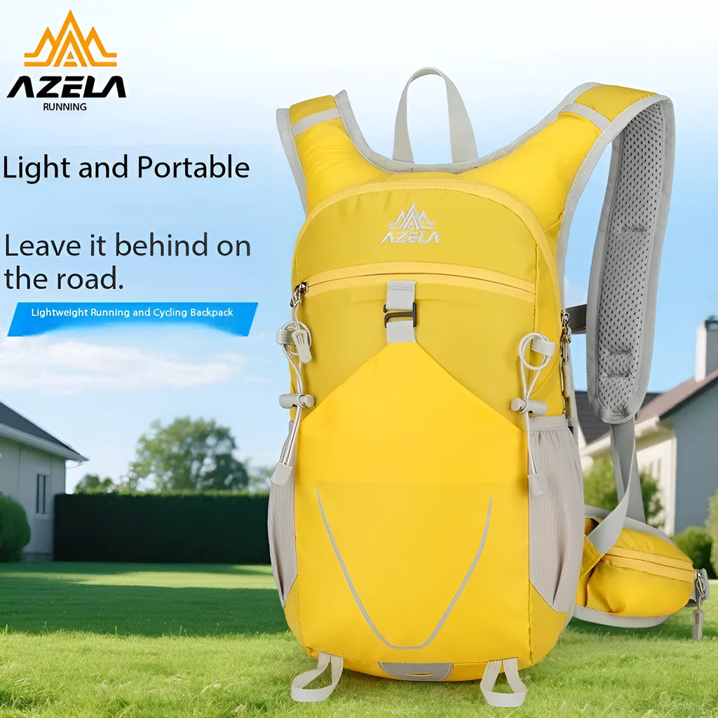 AZELA lightweight breathable mesh hydration backpack for trail running and hiking in dark yellow angle view