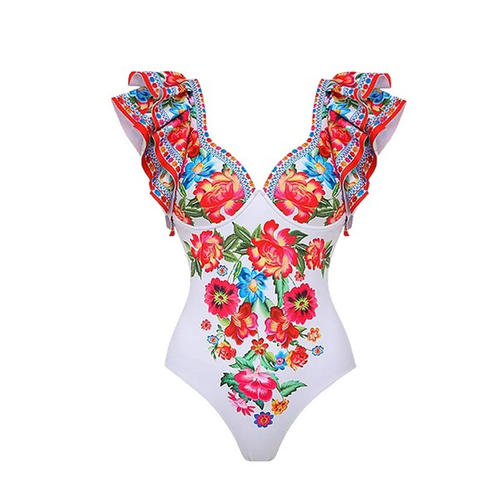 Women's printed one-piece swimsuit in polyester fabric available in multiple colours and adult sizes