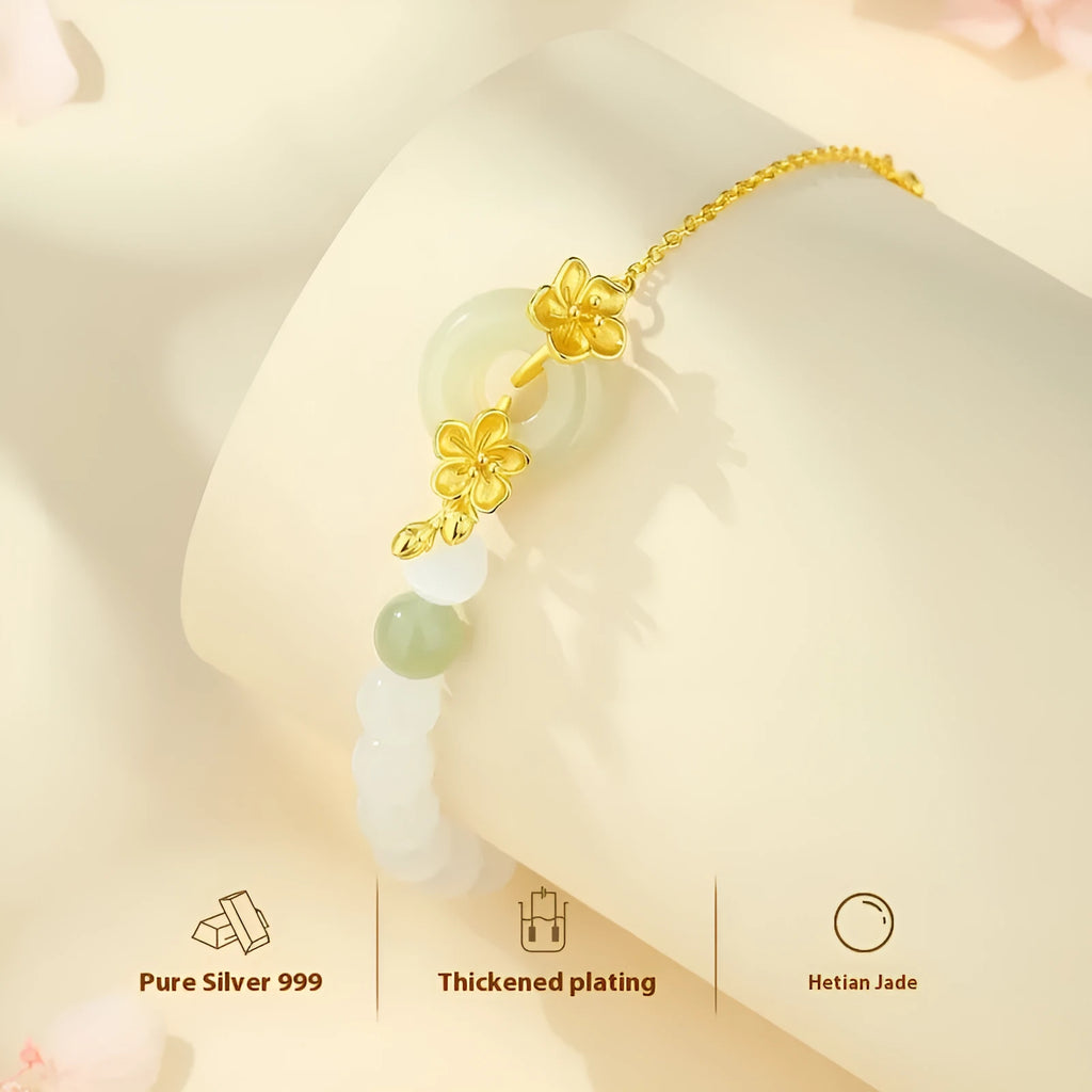 Pure silver peach blossom bracelet for women with a safety buckle clasp in gold or white gold colour.