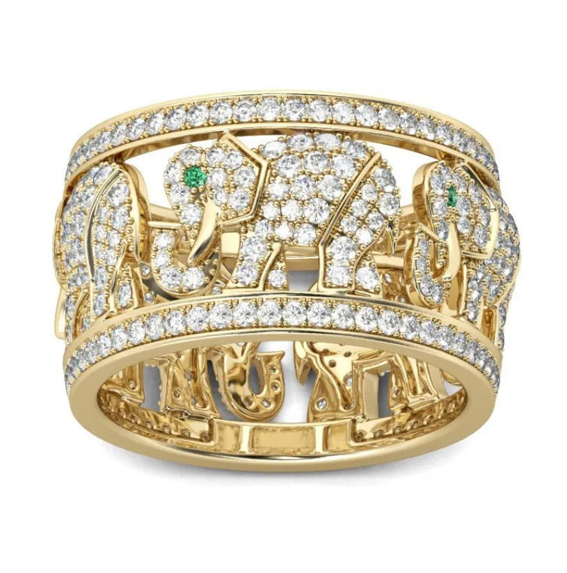 Full diamond elephant fashion ring in alloy with electroplated finish showing detailed animal motif
