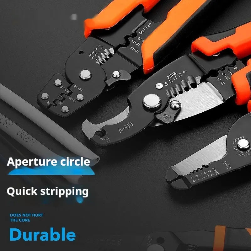 Fully automatic wire stripping pliers tool with high carbon steel blades on a workbench.