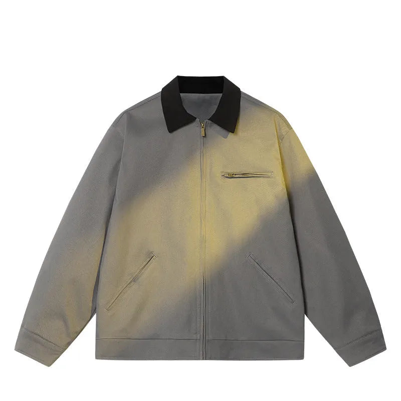 Men's polyester long-sleeve lapel jacket in khaki, loose fit, spring casual outerwear