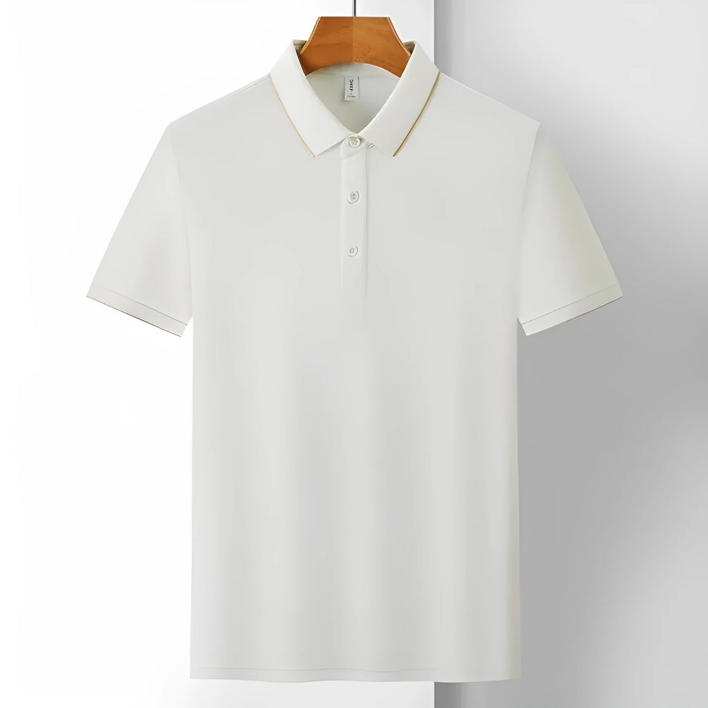 Men's solid colour cotton short sleeve shirt on a hanger, showing loose fit and summer work style.