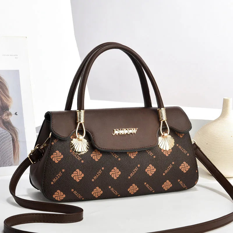 Vintage letter-printed women's cross-body bag in PU leather, brown colour, 28x9x15cm size