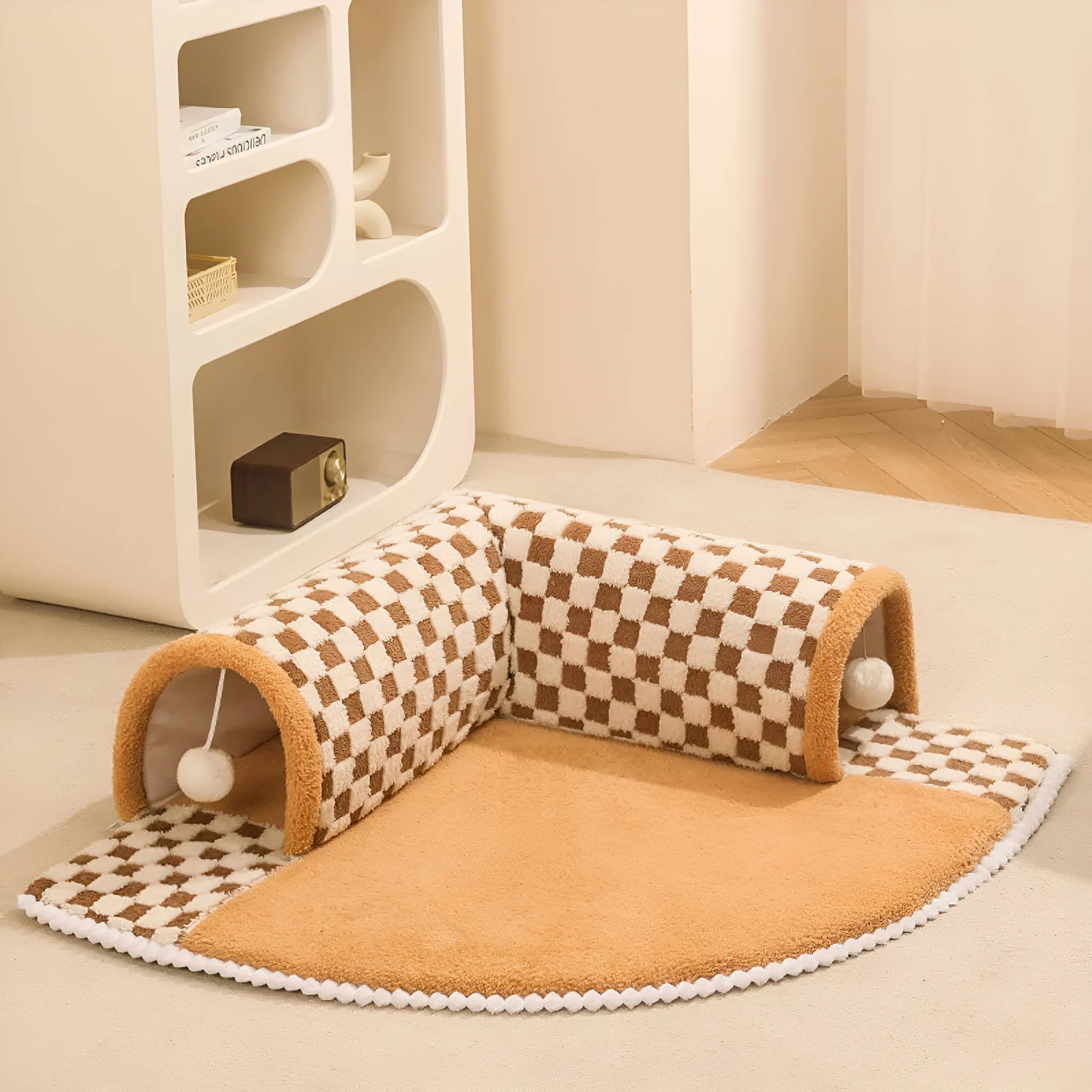 Coffee coloured plush fan-shaped pet bed with integrated tunnel for cats and dogs, showing thick mat and anti-slip base.