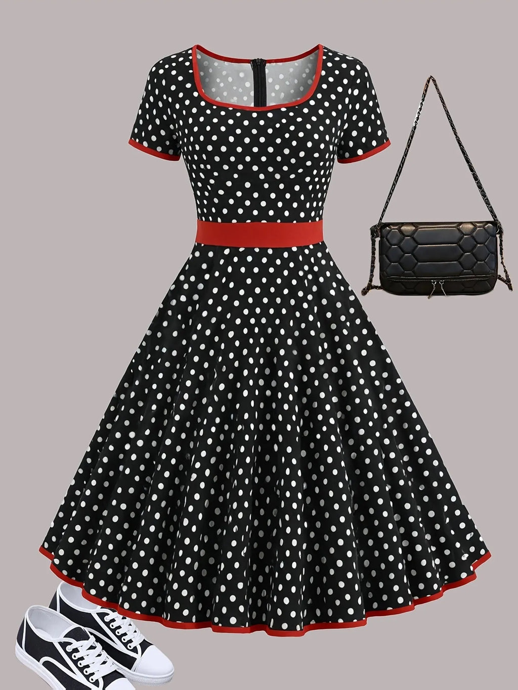 Multicolour polka dot dress with a square neckline, short sleeves, front zipper, and a pleated midi skirt on a hanger.